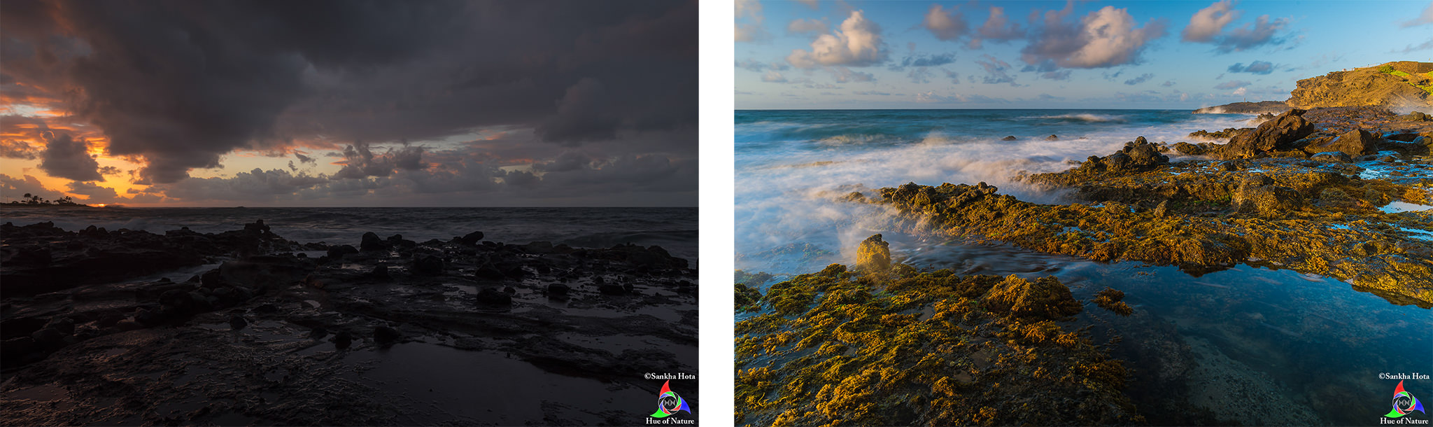 Sunrise (left) and after sunrise (right), Sandy Beach, Day 2